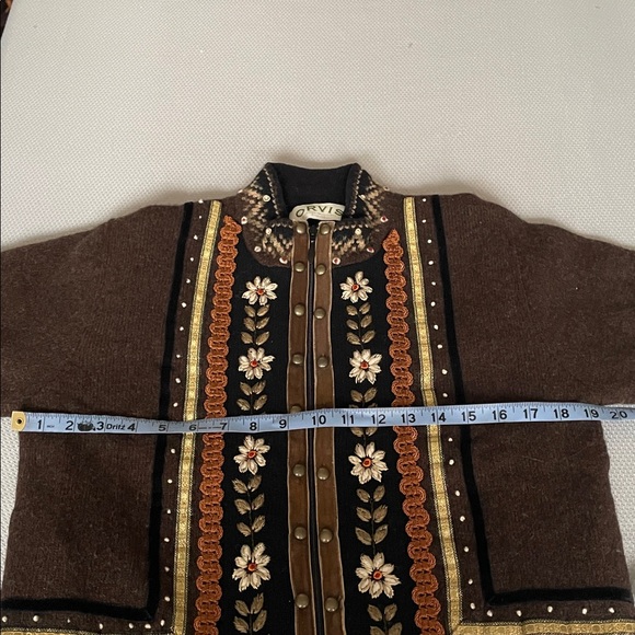 Orvis Scandinavian Embellished Brown Wool Full Zip Sweater Jacket Size Small - Picture 4 of 8